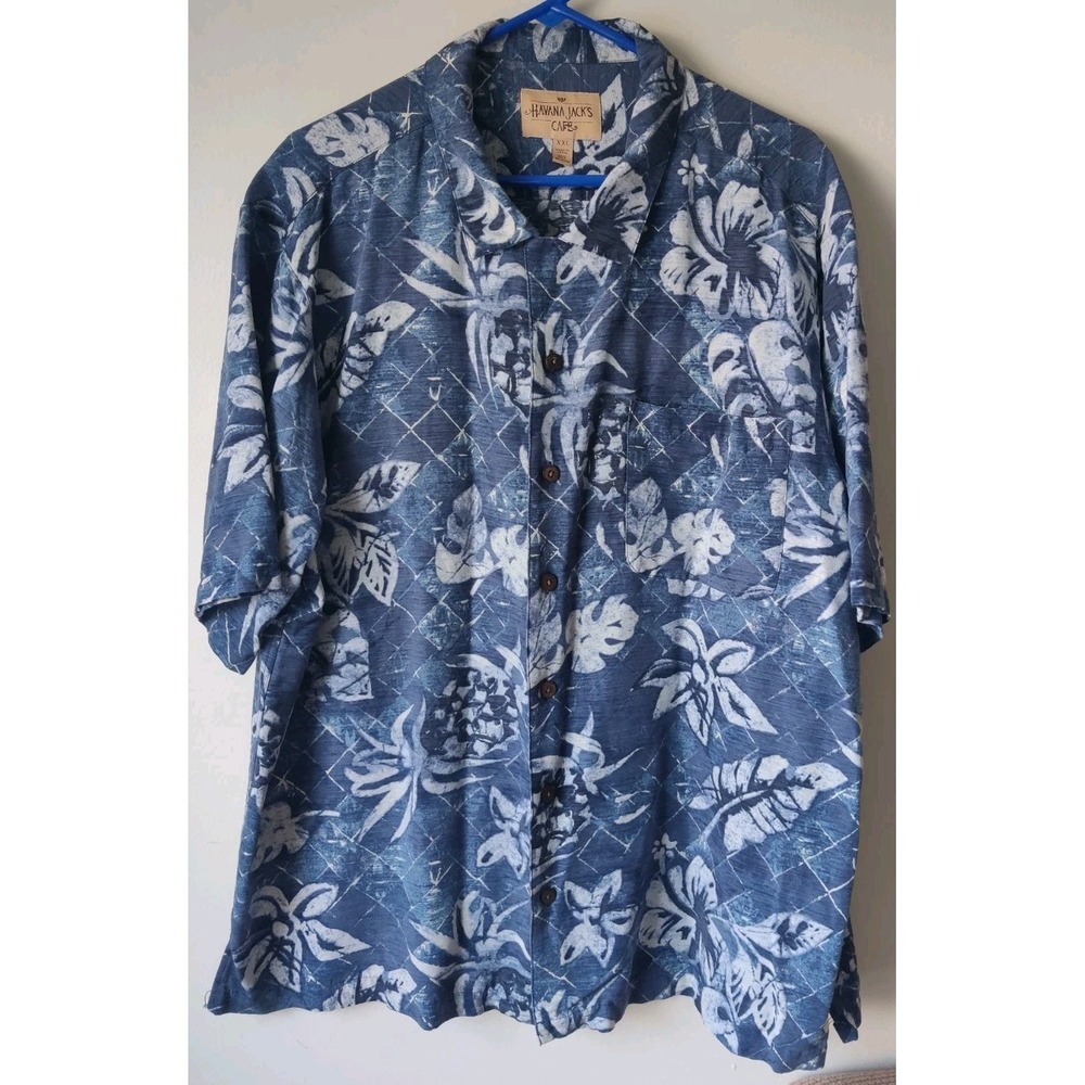 Havana Jack's SILK Cafe Men's XXL Shirt Blue Palm Leaves Flower Short‎ Sleeve
